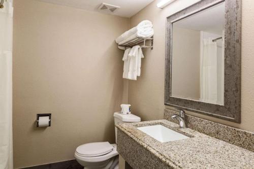 La salle de bains est pourvue d'un lavabo, de toilettes et d'un miroir. dans l'établissement Pocono Inn & Banquet - Stroudsburg, à Delaware Water Gap
