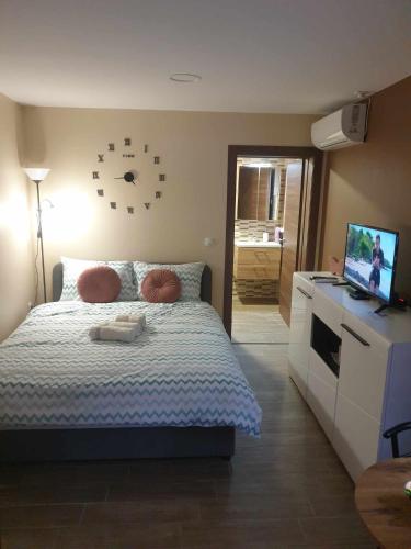 een slaapkamer met een bed met een klok aan de muur bij Studio apartman Alisa in Ðakovo