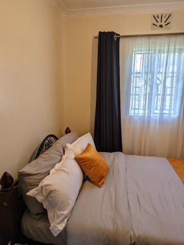 a bed with two pillows and a window at Kiamboni in Nakuru