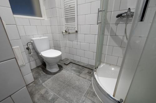 a bathroom with a toilet and a shower at Trzy Kafki Private Rooms in Kraków