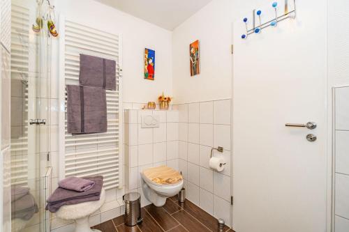 a bathroom with a toilet and a shower at Haus-Archsum in Archsum