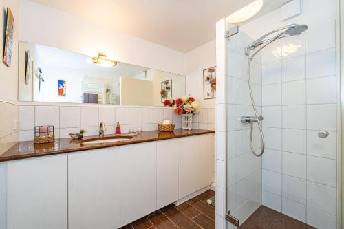 a bathroom with a shower and a sink at Haus-Archsum in Archsum