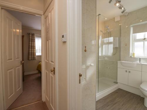 a bathroom with a shower and a toilet and a sink at Betty's Mews in Ambleside