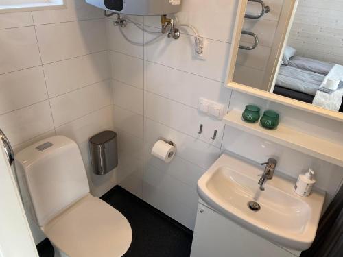 La petite salle de bains est pourvue de toilettes et d'un lavabo. dans l'établissement Ugla Gistihús (Ugla Guesthouse), à Hella