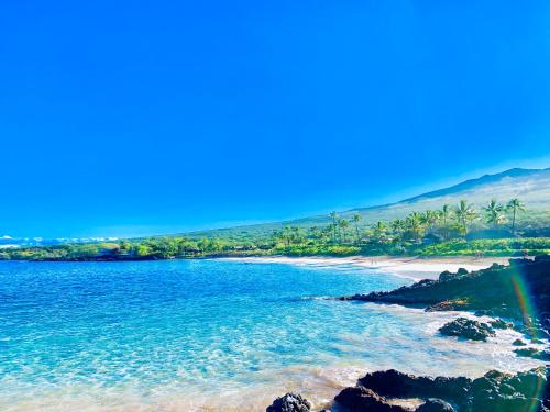 a beach with blue water and palm trees and a rainbow at Go Camp Maui-Exploring Maui in a Campervan in Ah Fong Village