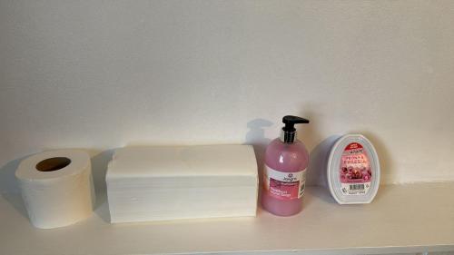 a shelf with a bottle of soap and a roll of toilet paper at Oleon Rooms - Central Reading in Reading