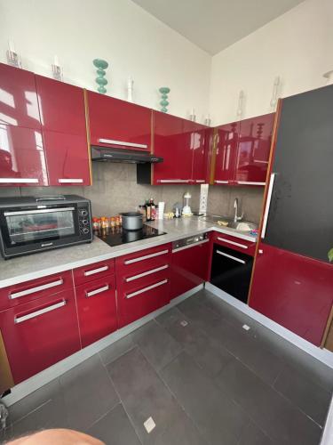 uma cozinha com armários vermelhos e um micro-ondas em Appartement Nice le Port em Nice