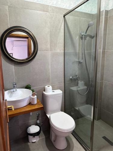 a bathroom with a toilet and a sink and a shower at GuestHouse "Shtëpia ime" in Përmet