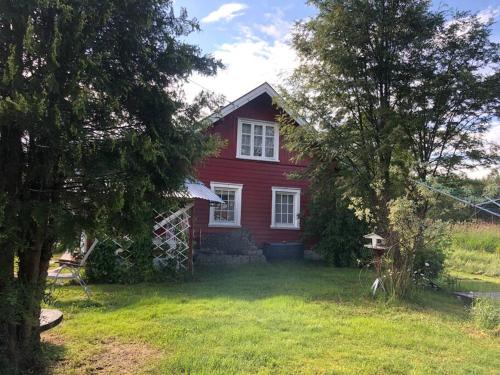 ein rotes Haus mit einem Baum im Hof in der Unterkunft Koselig hytte, nær Finnskogen og Vålerbanen in Åsnes