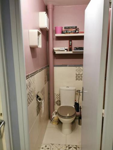 - une salle de bains pourvue de toilettes dans une chambre rose dans l'établissement Appartement entier, à Cachan