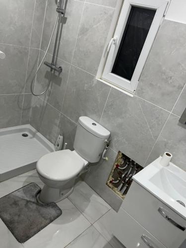 une salle de bain avec toilettes et lavabo dans l'établissement Appartement calme dans villa individuelle, à Bagnols-sur-Cèze