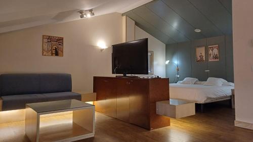 ein Wohnzimmer mit einem Bett und einem TV in der Unterkunft Ruta Jacobea in Lavacolla
