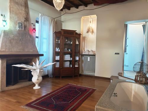都靈的住宿－Magnifico appartamento @Turin，客厅设有壁炉和木地板。