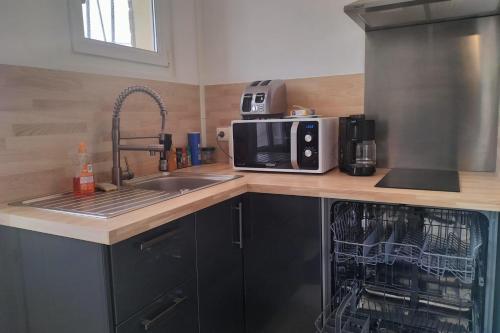 une cuisine avec un évier et un micro-ondes dans l'établissement Terrace apartment in Merlimont, à Merlimont