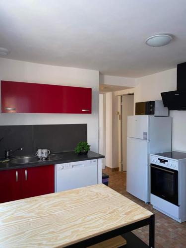 - une cuisine avec des appareils blancs et un mur rouge dans l'établissement Gîte Au clair de lune, à Châtillon-sur-Cher