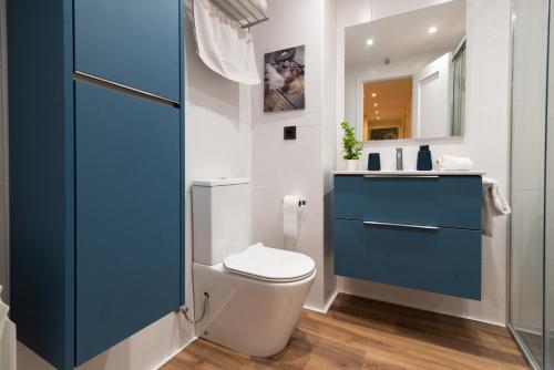 uma casa de banho com um WC e um armário azul em Albada Huesca em Huesca