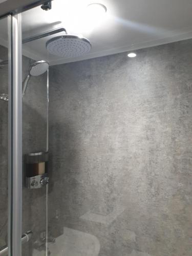 a bathroom with a shower with a glass door at Craigmount in Wigtown