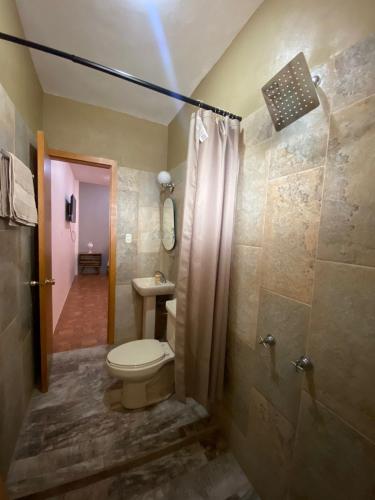 uma casa de banho com um WC e um chuveiro em Portal Malila em Tancama