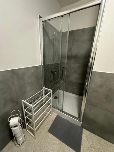 y baño con ducha y puerta de cristal. en Apartamenty Komorniki, en Komorniki