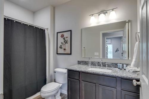 a bathroom with a toilet and a sink and a mirror at NEW 3 BR Apt ADA compliant Sleeps 8 in Pigeon Forge