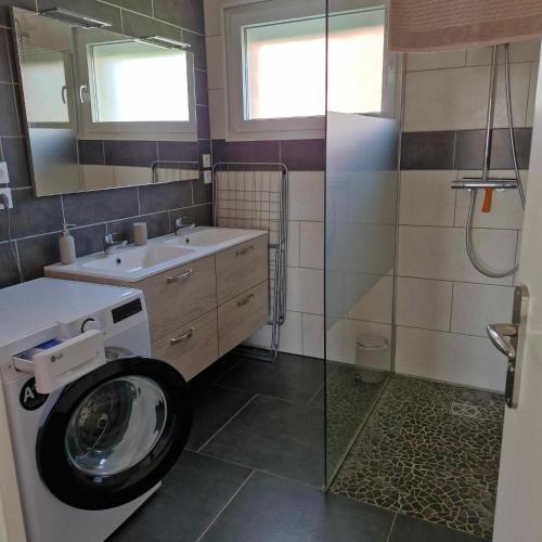 une salle de bain avec une machine à laver et un lavabo dans l'établissement Maison de vacances, à Appenwihr