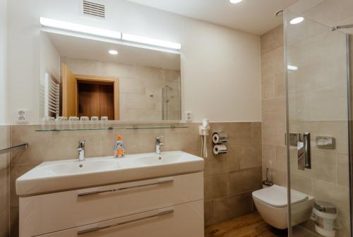 a bathroom with a sink and a toilet and a mirror at Wellness Hotel Repiska in Demanovska Dolina