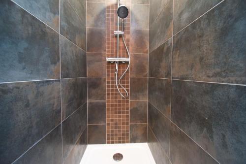 uma casa de banho com chuveiro e azulejos castanhos em LE RELAIS DES CALECHES - l'Appartement "L'aparté" 