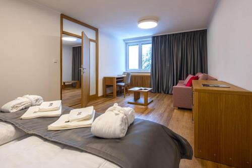 Habitación de hotel con cama y sala de estar. en Wellness Hotel Repiska, en Demänovská Dolina