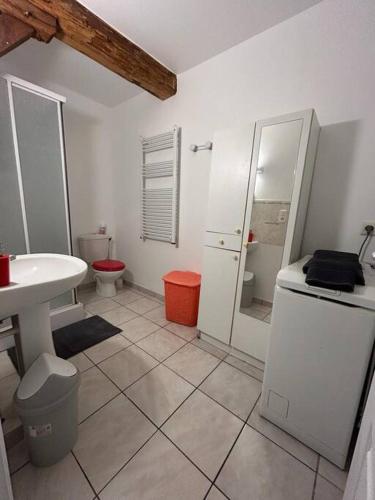 une salle de bain blanche avec un lavabo et des toilettes dans l'établissement Le Montagnard, RDC 1 chambre, à Chartres