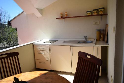 eine kleine Küche mit einem Waschbecken und einem Tisch in der Unterkunft Villa Šurmanci in Šurmanci