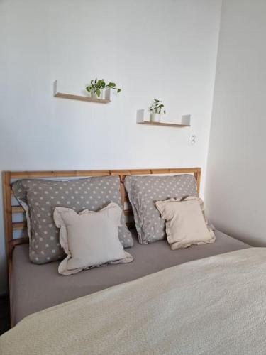 a bed with two pillows and two plants on the wall at Apartmán v meste Bratislava in Bratislava