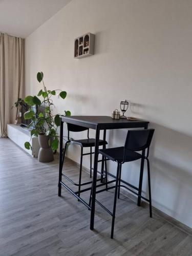 a black table and chairs in a room at Apartmán v meste Bratislava in Bratislava