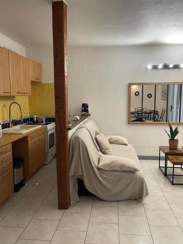 Saint-Martin-du-VarにあるVILLA NATHEO Bas de villa - Studio 37m2 avec Coin nuitのキッチン(毛布付きのベッド1台付)