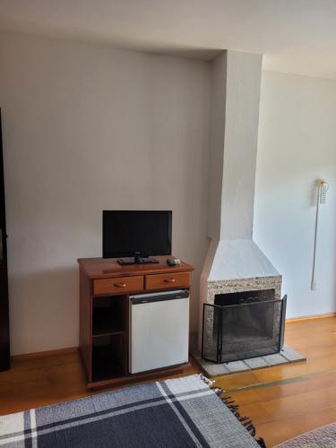 a living room with a tv and a fireplace at Ninho dos Passaros Penedo RJ in Penedo