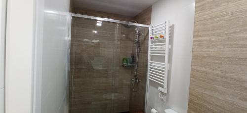 eine Dusche mit Glastür im Bad in der Unterkunft El ensanche in Ferrol