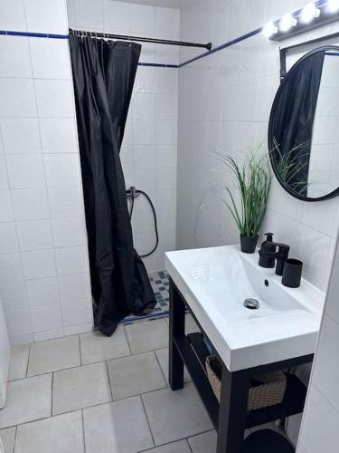 une salle de bain blanche avec un lavabo et une douche dans l'établissement Détente en centre ville, à Sorgues