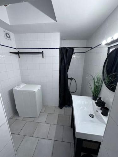 une salle de bain blanche avec des toilettes et un lavabo dans l'établissement Détente en centre ville, à Sorgues