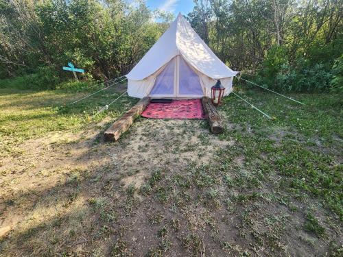 ein Zelt in der Mitte eines Feldes in der Unterkunft #5 Cabin Fever in Drumheller