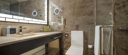 a bathroom with a sink and a toilet and a mirror at Ankara HiltonSA in Ankara