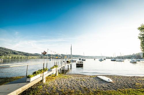 a dock with boats in the water next to a river at Residenz Seeterrasse Restaurant & Hotel in Wangen