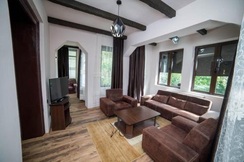 un soggiorno con divano e TV di Vila Agata a Sinaia