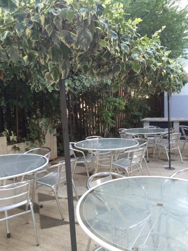 a group of tables and chairs under a tree at Hotel Letizia in Orte