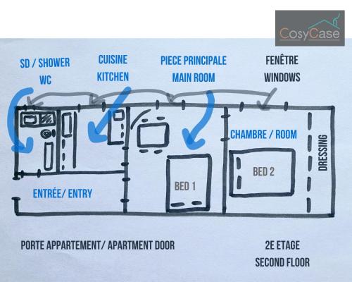 un plan d'étage d'une salle de bains avec un diagramme dans l'établissement Cosy Case proche Paris Montmartre, à Saint-Ouen