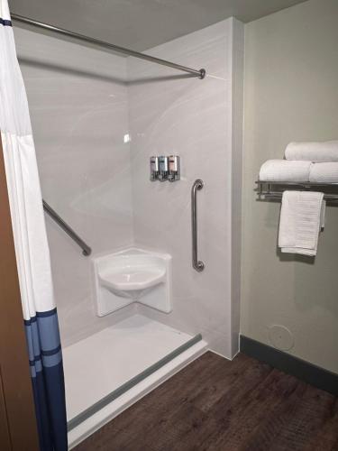 a bathroom with a shower with a toilet in it at Wood River Inn & Suite in Hailey