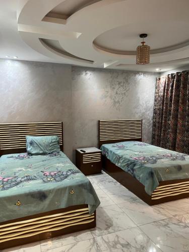 1 Schlafzimmer mit 2 Betten und einer Decke in der Unterkunft Grand Tower in Kairo