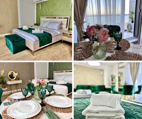 a collage of four pictures of a hotel room at Heaven Infinity Sunrise Pool & SPA in Mamaia Sat/Năvodari