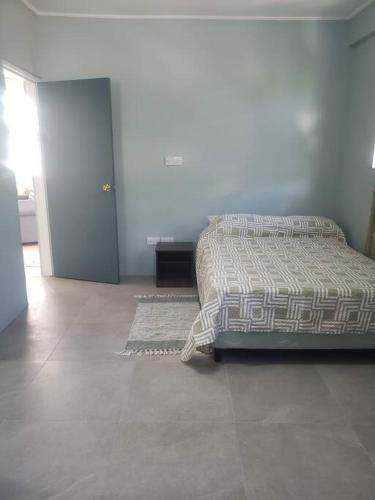 a bedroom with a bed and a door to a room at Brand new spacious residence in Checkhall in Massacre