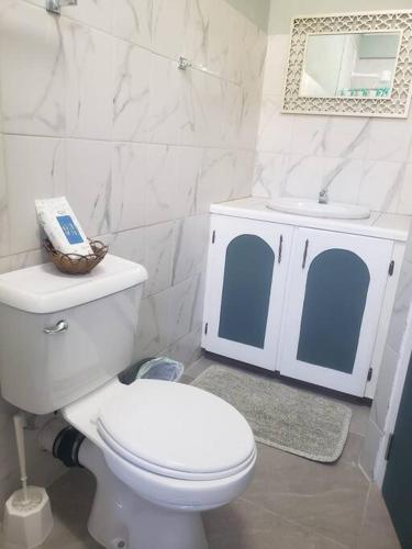 a bathroom with a white toilet and a sink at Brand new spacious residence in Checkhall in Massacre