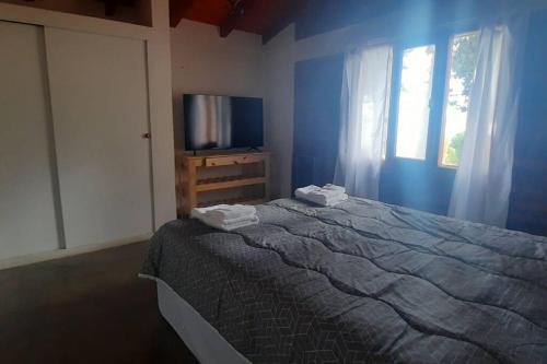 Dormitorio azul con cama y TV en Casa Arrayan - Entorno único 20 metros del lago en San Carlos de Bariloche