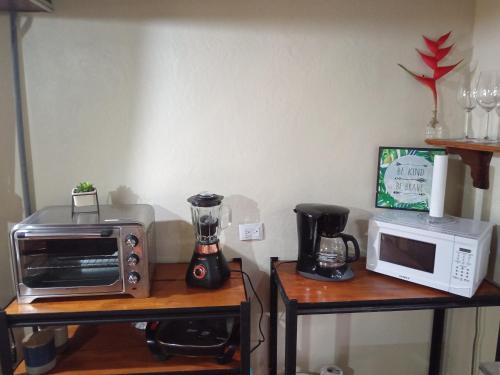 a kitchen with a toaster oven and a microwave at FINCA La PAZ - Sarapiqui in Puerto Viejo